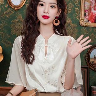 马面裙搭配上衣 新中式 国风流苏盘扣提花衬衫 女夏季 高级感别致短袖
