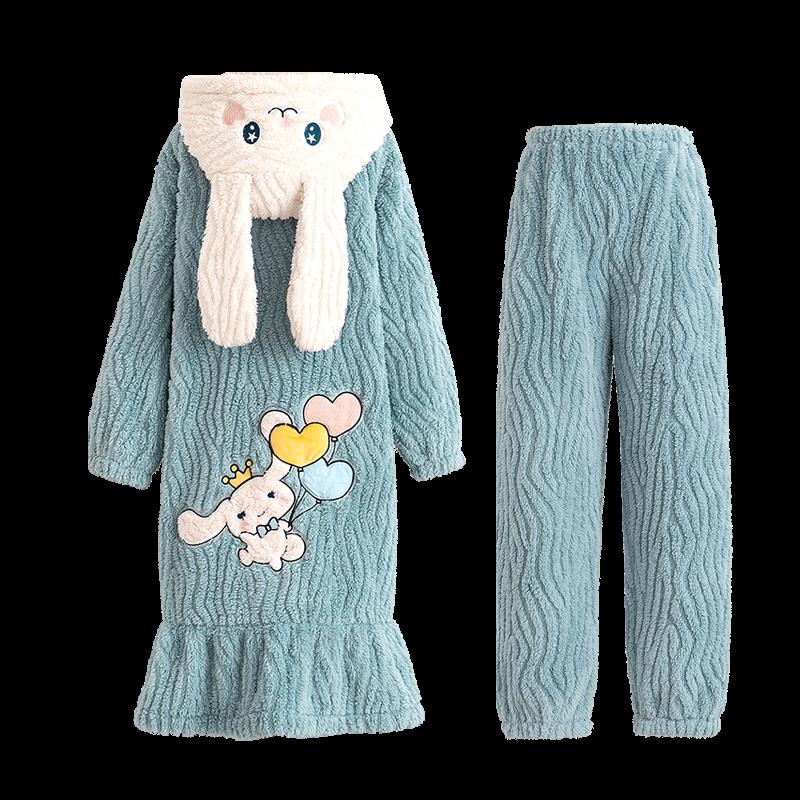 睡衣女秋冬季珊瑚绒可爱卡通可外穿法兰绒加厚睡袍睡裤长款两件套