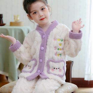 女童珊瑚绒睡衣套装儿童法兰绒洋气公主保暖中大童9岁家居服亲子