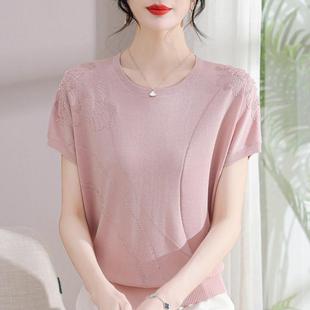 冰丝针织小衫 母亲节妈妈夏装 T恤40岁50中老年女薄款 新款 洋气短袖