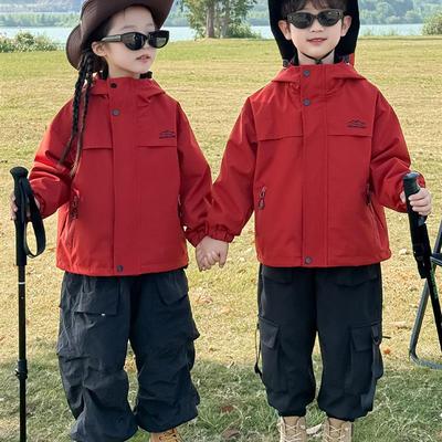 儿童三合一冲锋衣秋冬款女童红色夹棉外套男童加厚三防登山户外服