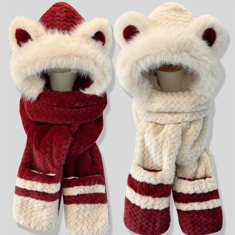 萌熊色块长毛绒帽子围巾和手套所有在一体的妇女天鹅绒加厚自行车,服饰配件/皮带/帽子/围巾,帽子,淘宝优惠券,粉丝福利购,淘宝优惠卷