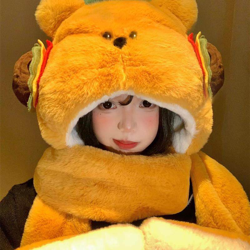 可爱汉堡小熊毛绒帽子围巾一体女冬季加绒加厚保暖防寒手套三件套,服饰配件/皮带/帽子/围巾,帽子,淘宝优惠券,粉丝福利购,淘宝优惠卷