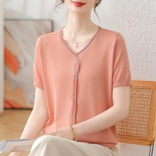短袖 小个子妈妈夏装 中老年女洋气薄款 2025新款 T恤上衣 冰丝V领小衫