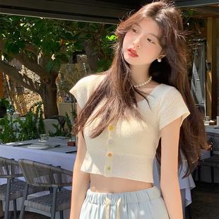设计感小众别致方领上衣女夏修身 露脐针织衫 法式 短款 外穿 短袖 薄款