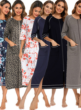 开襟睡衣产妇2022春夏家居服舒适休闲孕妇哺乳裙宽松七分袖大码睡