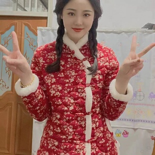 中国风加绒加厚保暖洋气新中式 东北花棉袄女时尚 新款 花面袄女冬季