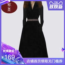 新款 小黑裙a字中长裙子 气质V领修身 长袖 欧美时尚 连衣裙女2019秋季