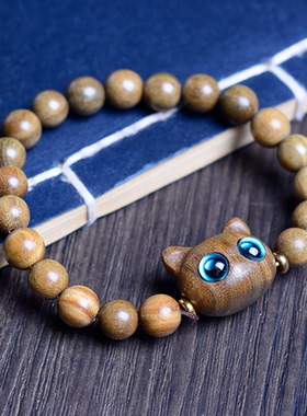 绿檀檀木可爱猫咪个性小单圈木质手串手链简约复古文玩手链