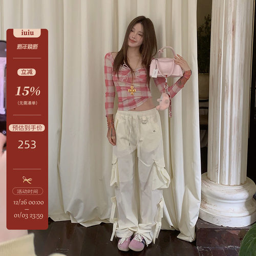 IUIU ONLINE 甜酷女孩 蝴蝶结工装裤休闲帅气大口袋宽松阔腿裤女