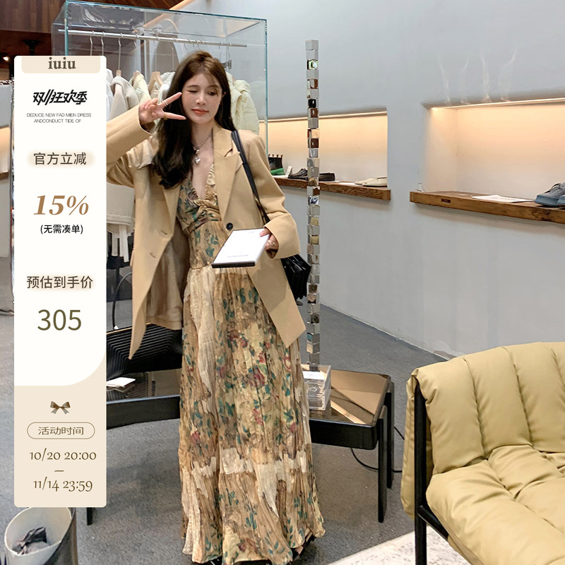 新中式吊带连衣裙碎花度假仙女裙