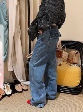 IUIU阿晶家 复古蓝直筒牛仔裤女2025冬季新款宽松显瘦长裤