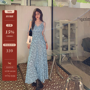 普洛拉南法碎花连衣裙女收腰褶皱肩带设计吊带裙夏季 IUIU ONLINE