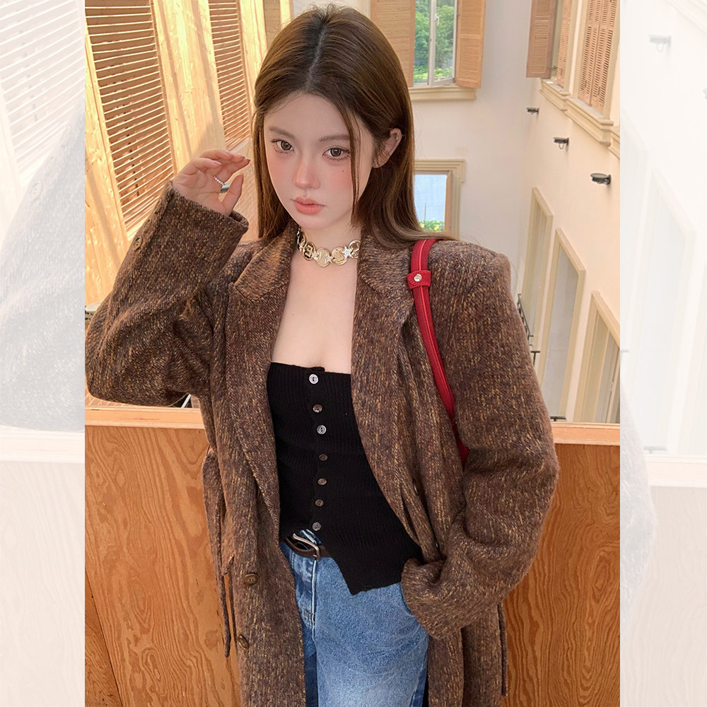 IUIU阿晶家 灰色咖色羊毛混纺长款腰带大衣女宽松中长款毛呢外套