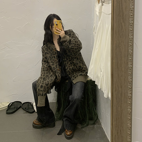 豹纹宽松休闲毛针织开衫
