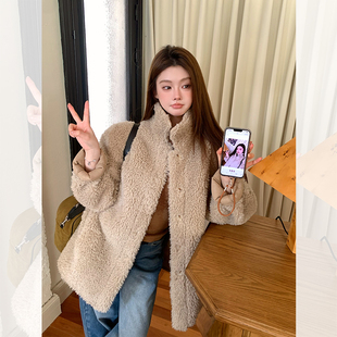 IUIU阿晶家 燕麦奶巧克力棕 两面穿毛毛外套女冬季立领中长款大衣