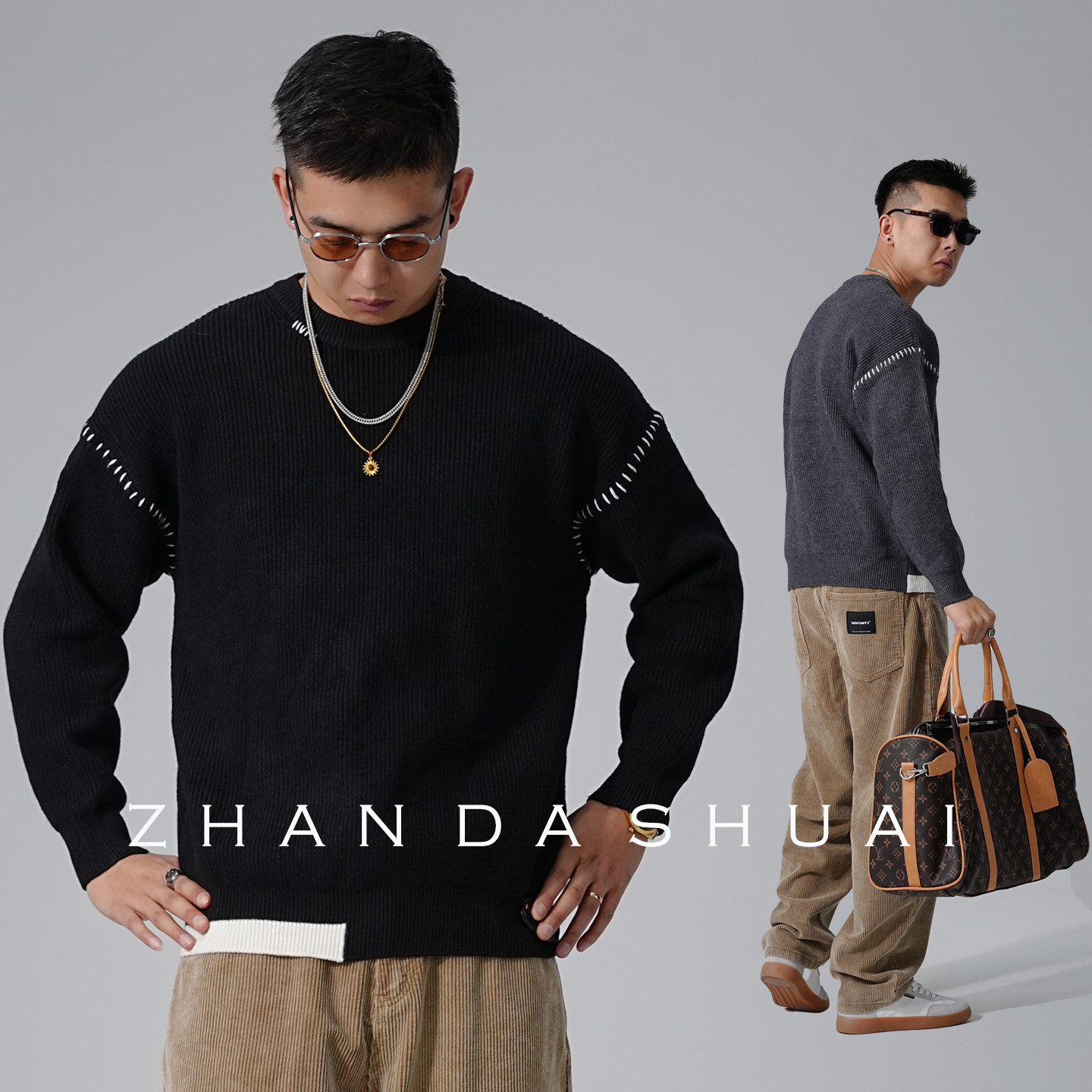 占大帅 美式重磅慵懒风撞色圆领毛衣男宽松潮牌痞帅内搭针织衫,男装,针织衫/毛衣,淘宝优惠券,粉丝福利购,淘宝优惠卷