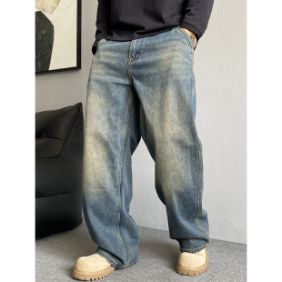 男直筒宽松高街拖地老爹阔腿裤 休闲痞帅复古做旧牛仔裤 子 美式 秋季