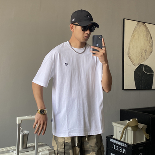 夏季美式休闲痞帅重磅刺绣短袖T恤男宽松简约百搭纯棉半袖体恤潮