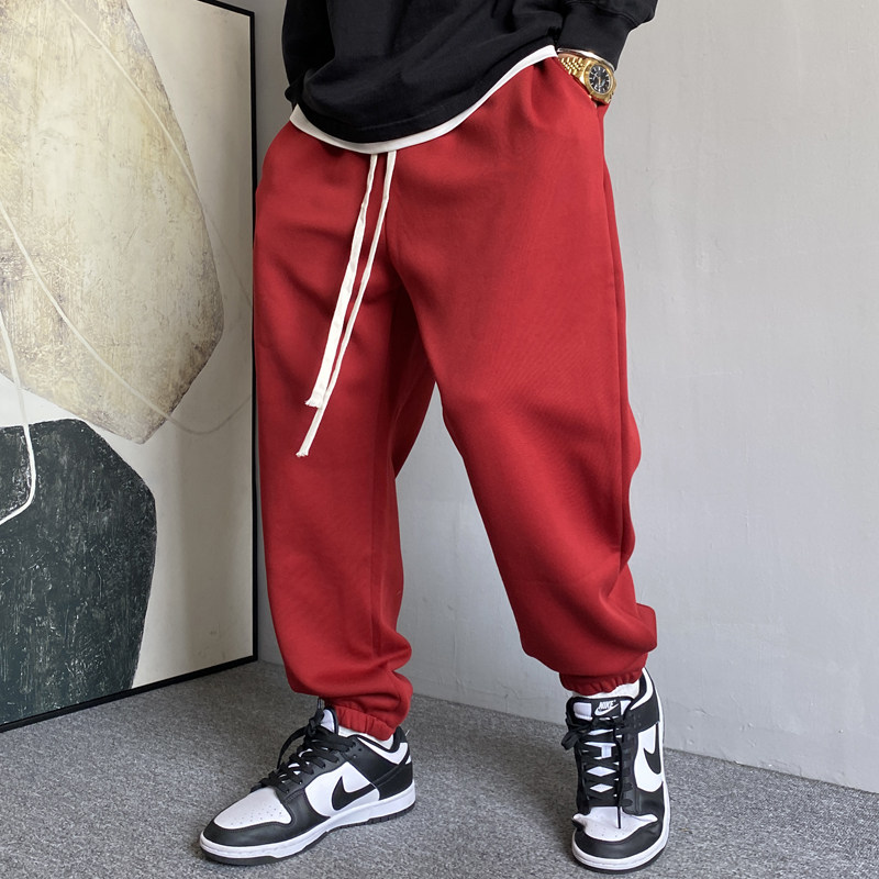 春季美式休闲痞帅高端针织红色卫裤男宽松抽绳百搭运动束脚裤子潮,男装,卫裤,淘宝优惠券,粉丝福利购,淘宝优惠卷