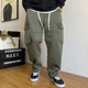 男直筒宽松抽绳纯棉阔腿裤 春秋季 裤 休闲痞帅重磅军绿色工装 子 美式
