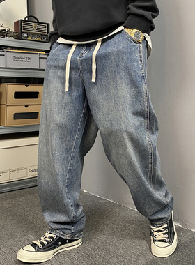 秋冬季美式休闲复古做旧加绒牛仔裤男直筒宽松通勤百搭垂感阔腿裤