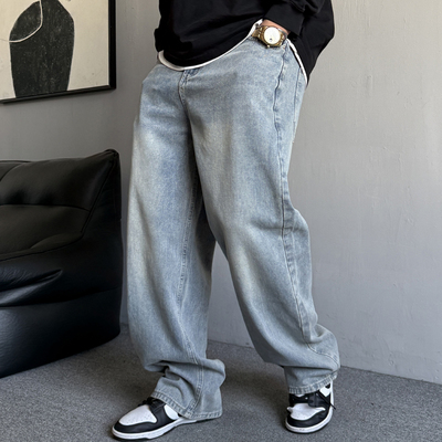 复古怀旧浅蓝色牛仔裤男直筒宽松