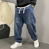 男直筒宽松高街松紧腰阔腿裤 休闲痞帅水洗复古牛仔裤 子 美式 春秋季