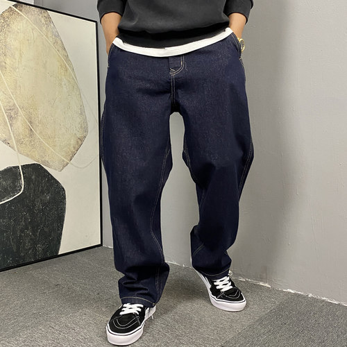 秋冬季美式休闲复古加绒原色牛仔裤男直筒宽松百搭大码阔腿裤子潮