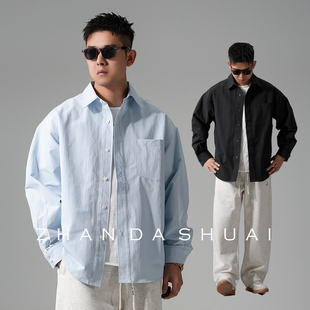 宽松简约百搭翻领大码 男长袖 衬衣外套 高级感痞帅刺绣衬衫 占大帅
