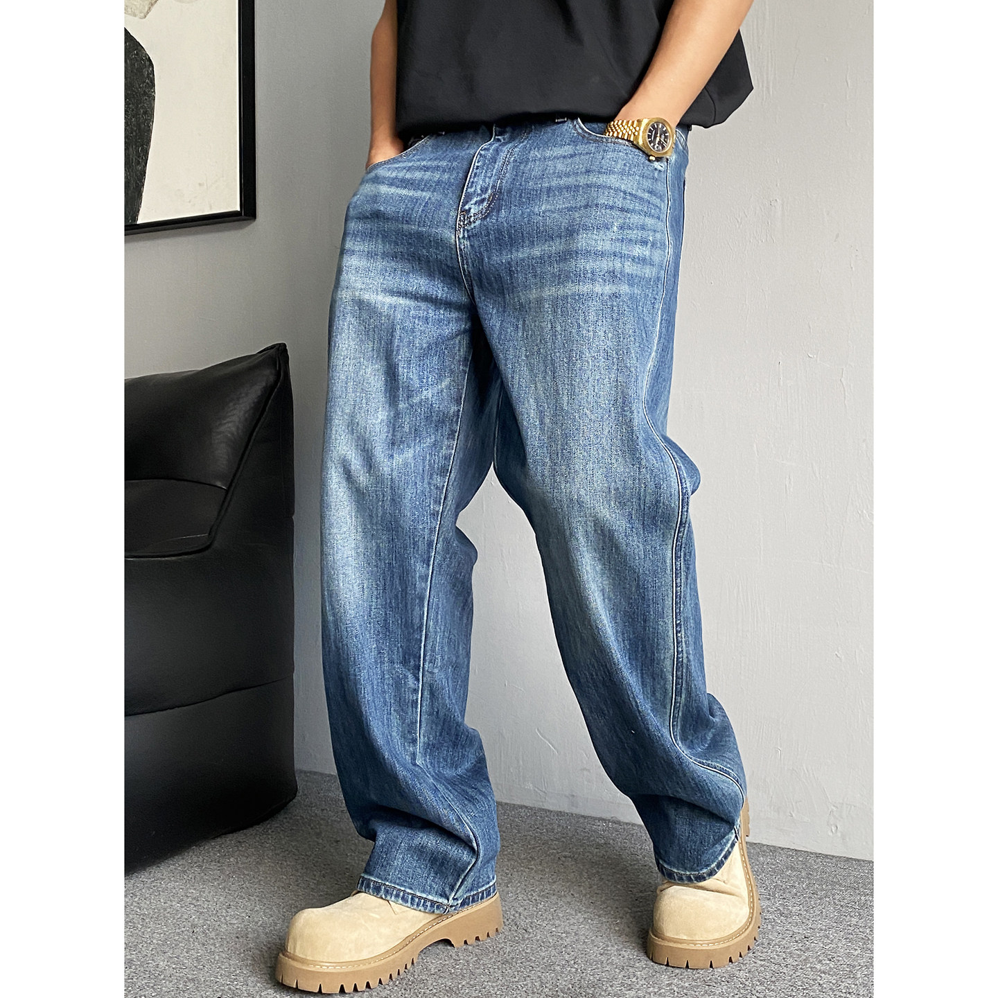 秋季美式休闲痞帅水洗复古牛仔裤男直筒宽松通勤百搭阔腿长裤子潮