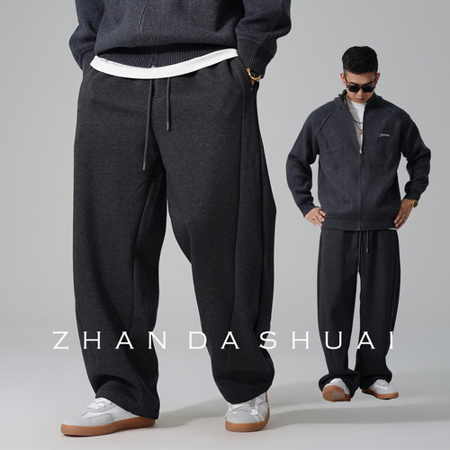 重磅加绒针织卫裤男直筒宽松抽绳