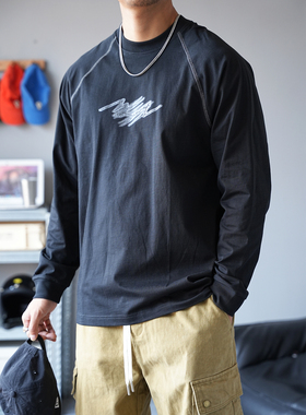 秋季美式复古痞帅插肩袖印花黑色长袖T恤男宽松百搭通勤圆领上衣