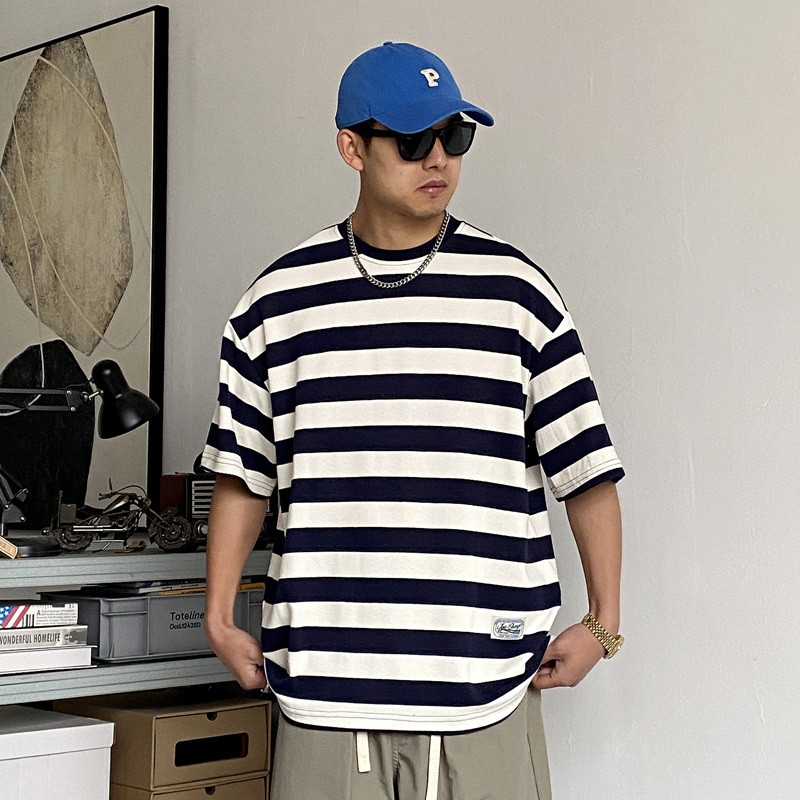 夏季美式休闲痞帅重磅横条纹短袖T恤男宽松潮牌高街圆领体恤半袖