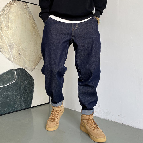 秋冬季美式休闲复古加绒原色牛仔裤男直筒宽松百搭大码锥形裤子潮