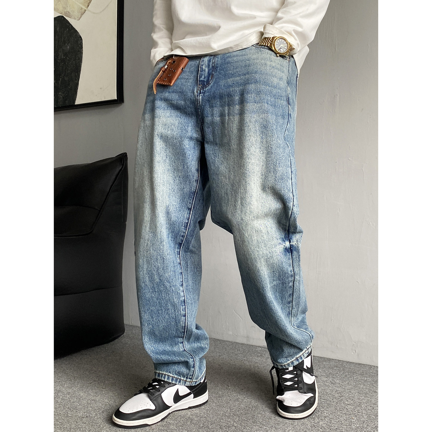 春秋季美式高级感痞帅水洗复古牛仔裤男直筒宽松纯棉百搭锥形长裤,男装,牛仔裤,淘宝优惠券,粉丝福利购,淘宝优惠卷