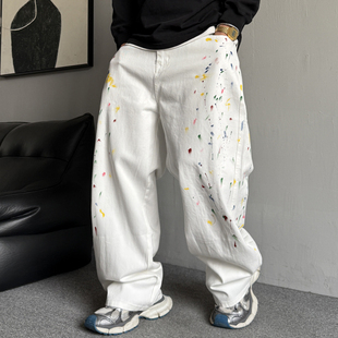 春季美式休闲痞帅油漆泼墨白色牛仔裤男直筒宽松高街百搭阔腿裤子