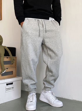 秋冬季美式休闲高端加绒灰色卫裤男宽松抽绳百搭潮流运动束脚裤子