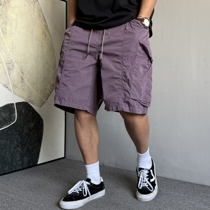 夏季美式休闲痞帅户外大口袋紫色工装短裤男宽松抽绳五分裤子中裤