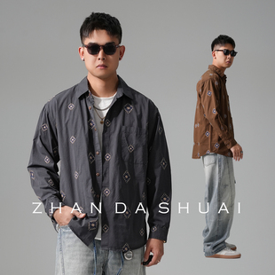 美式 上衣 刺绣老钱风翻领衬衫