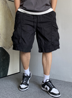 夏季美式休闲痞帅重磅黑色大口袋工装短裤男宽松抽绳百搭五分裤子