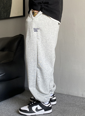 秋冬季美式休闲刺绣加绒灰色针织卫裤男宽松抽绳百搭运动束脚裤子