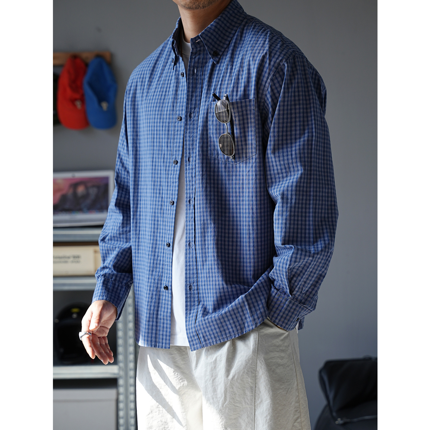 廓形蓝色小格子衬衫男款宽松