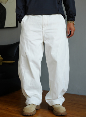 秋季美式休闲痞帅重磅白色牛仔裤男直筒宽松高街百搭阔腿弯刀裤子