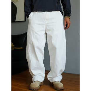 男直筒宽松高街百搭阔腿弯刀裤 休闲痞帅重磅白色牛仔裤 子 美式 秋季