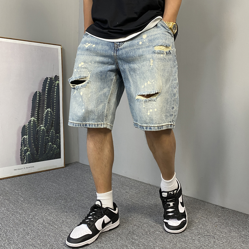 夏季美式休闲痞帅水洗复古做旧破洞牛仔短裤男宽松百搭五分裤子潮