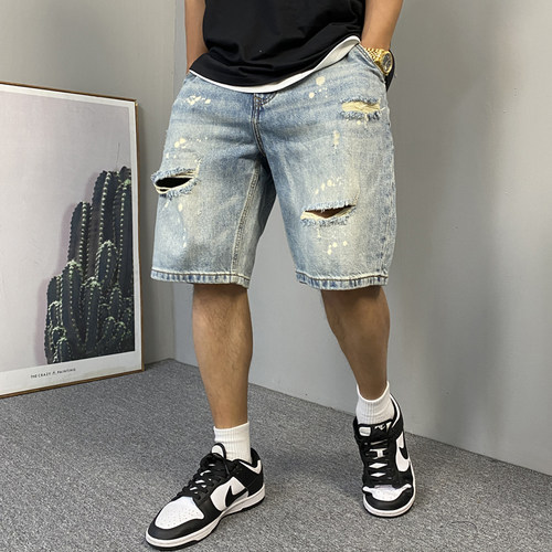夏季美式休闲痞帅水洗复古做旧破洞牛仔短裤男宽松百搭五分裤子潮