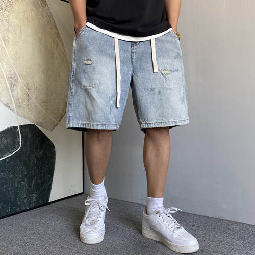 复古破洞牛仔短裤男直筒宽松潮
