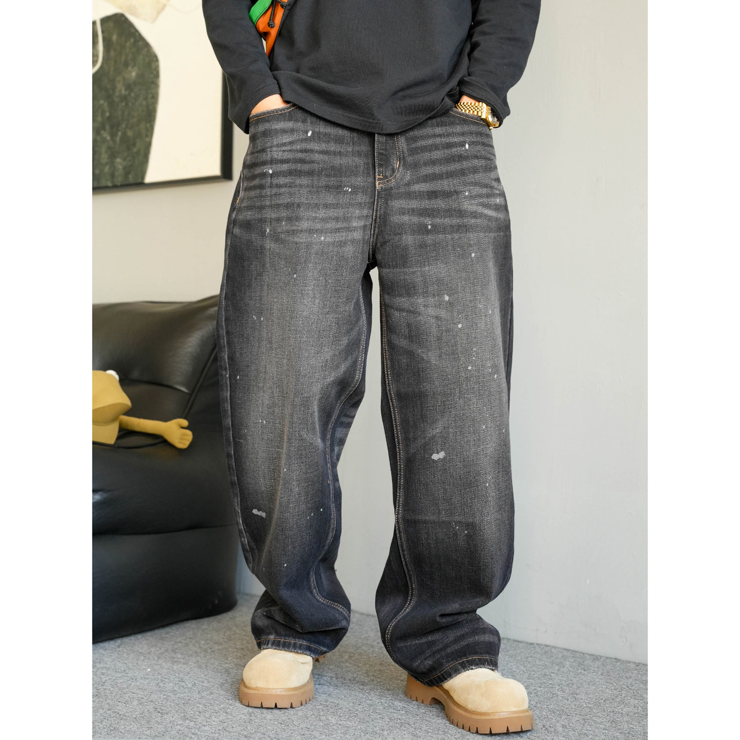 秋季美式休闲痞帅重磅复古做旧漆点黑灰色牛仔裤男直筒宽松阔腿裤,男装,牛仔裤,淘宝优惠券,粉丝福利购,淘宝优惠卷