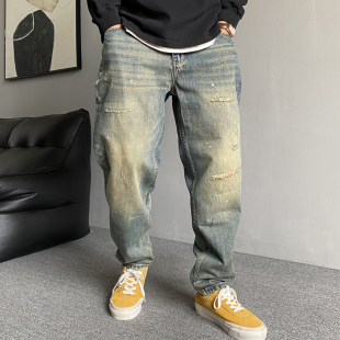 男直筒宽松高街锥形裤 休闲痞帅复古做旧油漆刮烂牛仔裤 美式 春秋季